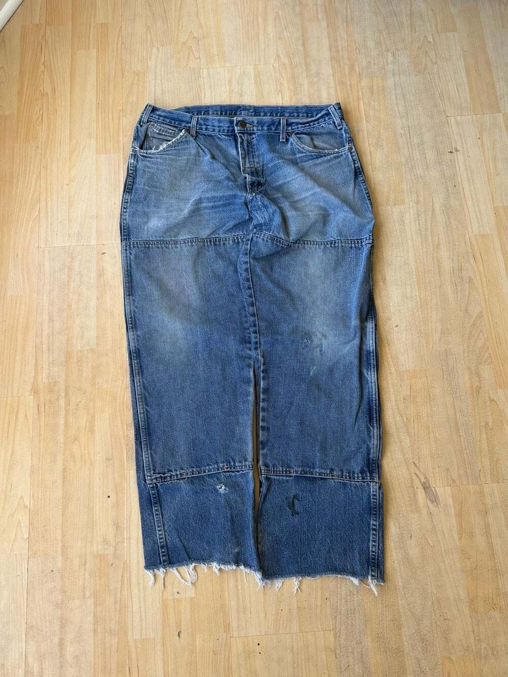 Dickies Vintage Double Knee Distressed Denim Work Pants Jeans 38x36 Cropped Hem